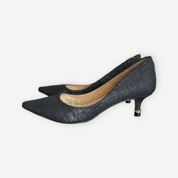 Black Badgley Mischka Kitten Heels 6.5 Metallic Fabric Crystal Heels Worn 1x - Picture 1 of 10